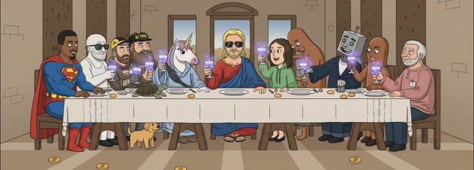 A cartoon parody of the Last Supper featuring various pop culture and meme characters including Superman, Starman, a bearded figure with a telescope, a unicorn, Jesus, Mr. Rogers, Bender, and others sitting at a long dinner table holding glowing purple chalices.