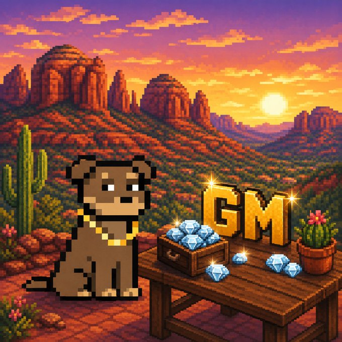 A pixel art illustration shows a brown dog wearing a gold chain next to a wooden table displaying blue diamonds and the letters 'GM' against a desert sunset backdrop.