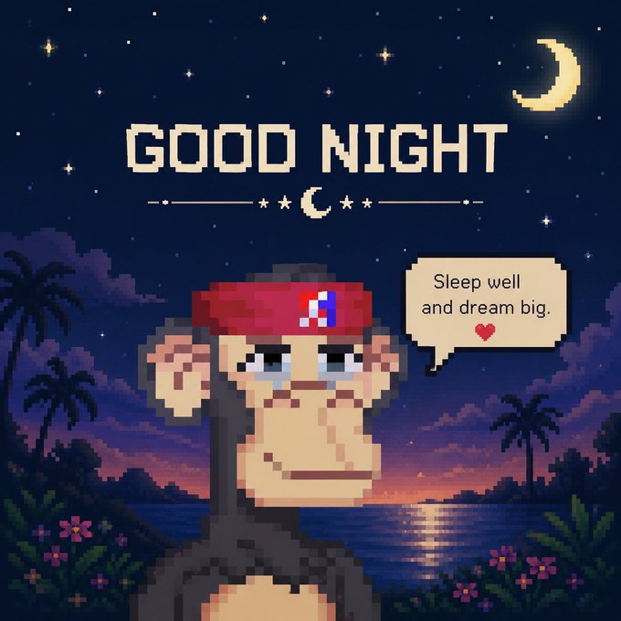 Pixel art 'Good Night' image featuring a monkey character wearing a red, white, and blue cap with a speech bubble reading 'Sleep well and dream big' against a starry night sky background.