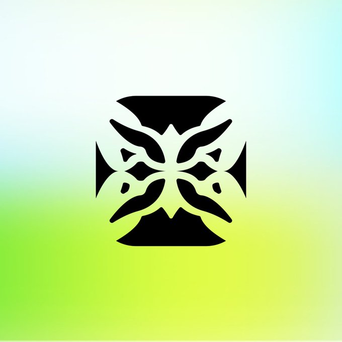 A black symmetrical ornate emblem or logo design displayed on a soft gradient background transitioning from white to green and yellow.