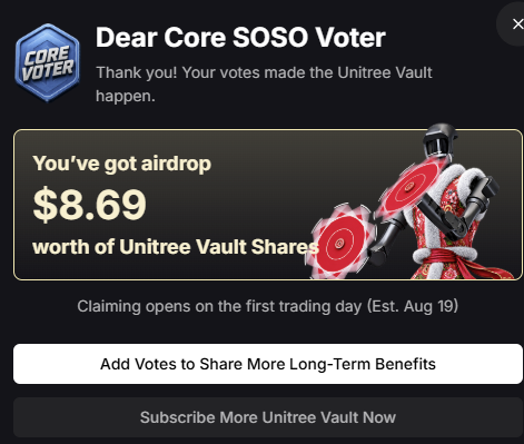 A notification thanking a "Core SOSO Voter" for participating in the Unitree Vault, awarding them an airdrop of $8.69 worth of Unitree Vault Shares with claiming available starting August 19. The image promotes SoDEX's Unitree airdrop checker, which provides claimable dates, snapshot dates, and redemption schedules tied to NAV-based pricing and T+1 settlement.