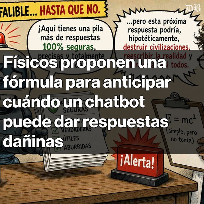 A Spanish-language comic-style illustration with the headline 'Físicos proponen una fórmula para anticipar cuándo un chatbot puede dar respuestas dañinas,' showing a robot offering '100% seguras' answers alongside speech bubbles warning about potentially civilization-destroying responses and an '¡Alerta!' button.