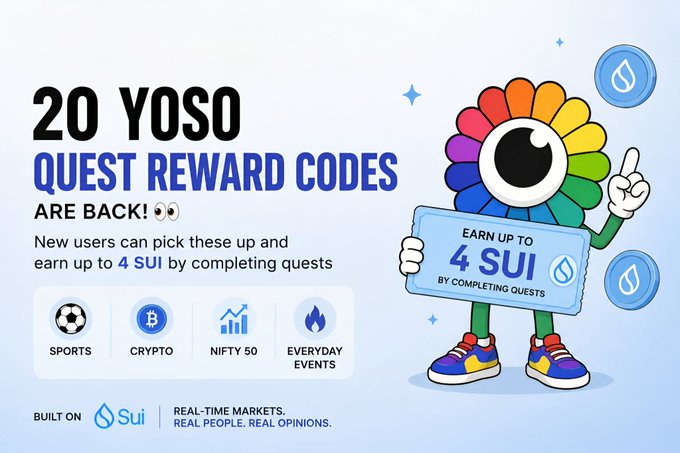 The promotional graphic announces "20 YOSO QUEST REWARD CODES ARE BACK!" offering new users up to 4 SUI for completing quests across categories like Sports, Crypto, NIFTY 50, and Everyday Events, featuring Yoso's rainbow mascot character. The image aligns with the post by highlighting the return of 20 reward codes and Yoso's identity as a prediction market built on Sui covering sports, crypto, NIFTY 50, and everyday events.
