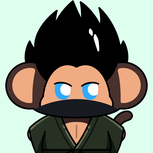 A cartoon monkey character with black spiky hair, blue eyes, and a beard wearing a green robe.