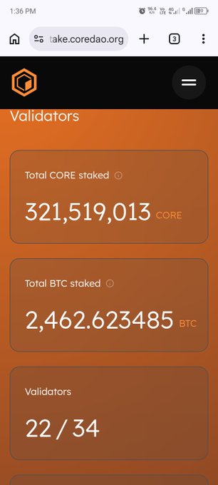 A mobile screenshot of the Core DAO staking dashboard (lake.coredao.org) showing 321,519,013 CORE staked, 2.462 BTC staked, and 22 out of 34 validators.