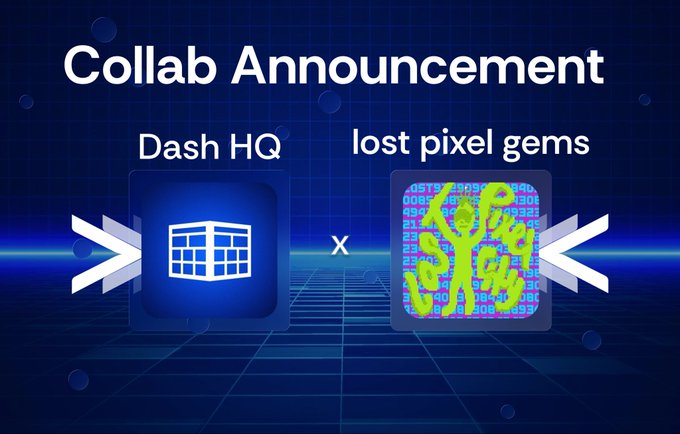 Crypto/NFT 'Collab Announcement' graphic featuring 'Dash HQ' logo multiplied by 'lost pixel gems' between two left-pointing arrows on a blue grid background.