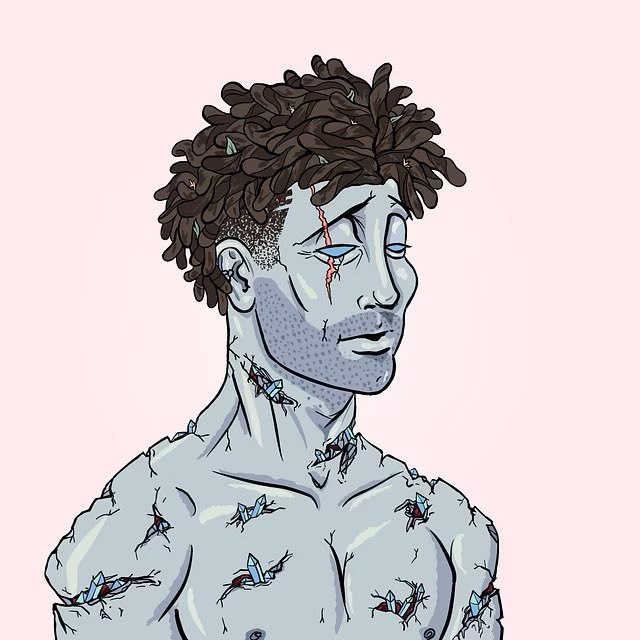 An illustration depicts a pale, stone-like male figure with closed eyes and dark dreadlocks, whose cracked skin reveals colorful crystalline structures embedded in his chest and neck.