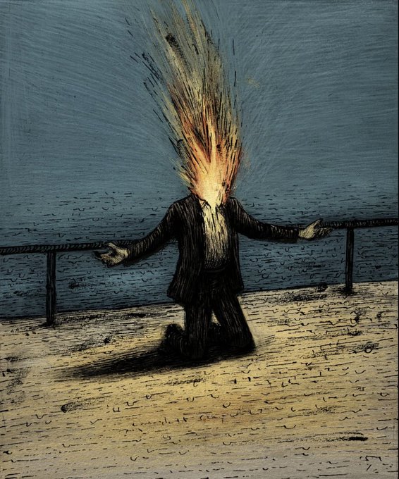A lone figure in a suit kneels at the edge of a wooden pier with arms outstretched, their head exploding upward into a brilliant burst of flame and sparks against a moody twilight seascape, visually embodying the raw, cathartic "edge of the coast" emotion evoked by the post.
