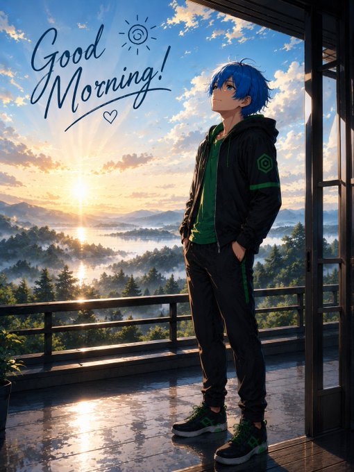 The image features an anime character standing outside a building, looking out at a beautiful mountain landscape with a sunrise or sunset behind him. The character appears to be wearing a hoodie and pants while holding his hands in his pockets. In the background of the image, there is text that reads "Good Morning!".