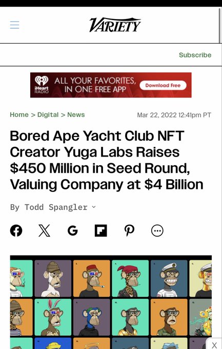 A Variety news article from March 22, 2022 reports that Yuga Labs, creator of the Bored Ape Yacht Club NFTs, raised $450 million in a seed round at a $4 billion valuation. The piece, written by Todd Spangler and featuring a grid of Bored Ape NFT images, illustrates the massive funding that preceded the project's subsequent decline in prominence.