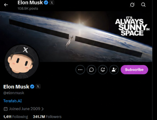 Elon Musk's X profile, displaying his 241.7M followers, 1,411 following, and "Terafab.AI" affiliation alongside a banner reading "IT'S ALWAYS SUNNY IN SPACE," complements the post's teaser about the upcoming $GROK project.