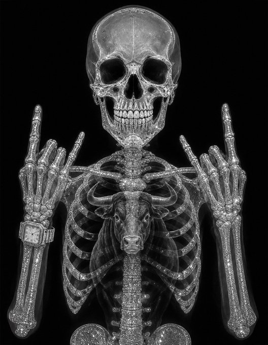 A glittering diamond-encrusted X-ray skeleton strikes rock-on hand gestures, revealing a bull's skull embedded within the ribcage—visually embodying the "bullish" energy referenced in the caption about the crypto trader $ANSEM.