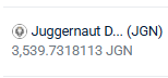 A small thumbnail showing the cryptocurrency token 'Juggernaut D...' (JGN) with a balance of 3,539.7318113 JGN.