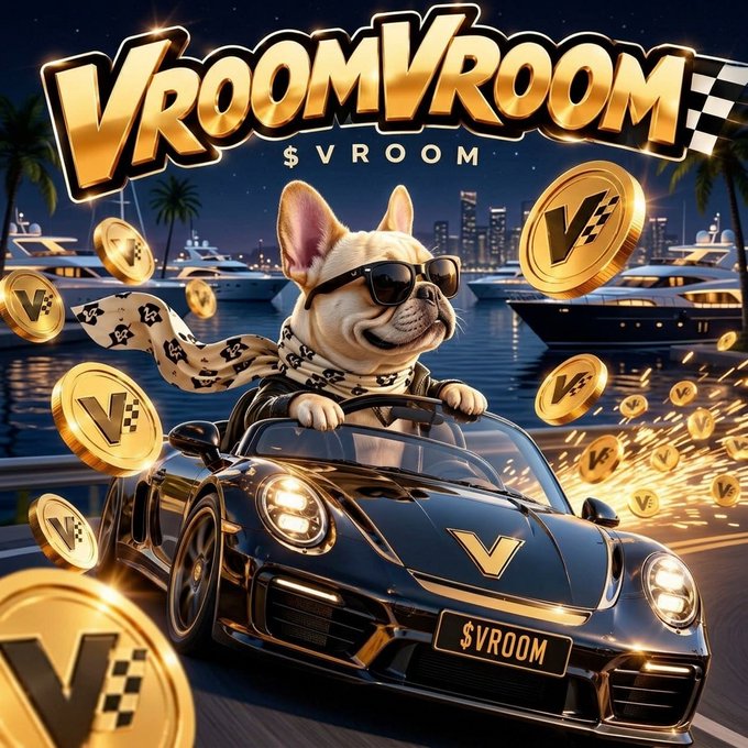 A promotional graphic for 'VROOMVROOM' featuring a French Bulldog wearing sunglasses driving a black convertible sports car, surrounded by floating gold coins with a 'V' logo, set against a nighttime harbor backdrop with yachts.
