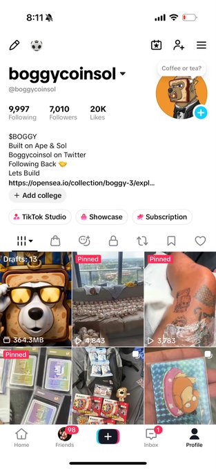 TikTok profile page for @boggycoinsol with 7,010 followers, bio referencing $BOGGY token built on Ape & Sol, and pinned video thumbnails showing stuffed toys and collectibles.