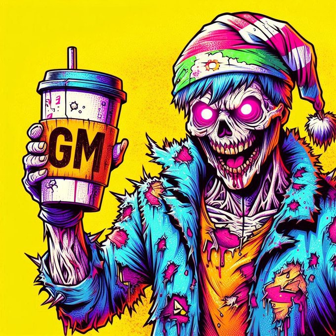 A colorful digital illustration of a zombie character wearing a Santa hat and torn blue jacket, holding a cup labeled 'GM' against a bright yellow background.