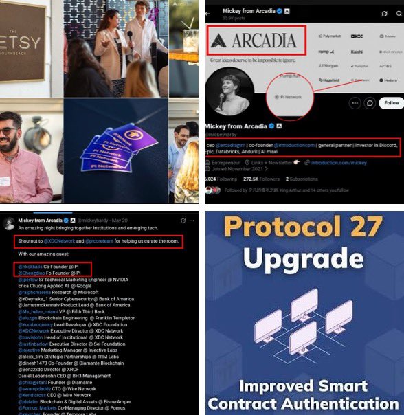 A collage showing XDC Network's Protocol 27 Upgrade announcement with social media screenshots of Mickey Hardy (@mickeyhardy) from Arcadia promoting partnerships with institutions and listing various tech industry co-founders.