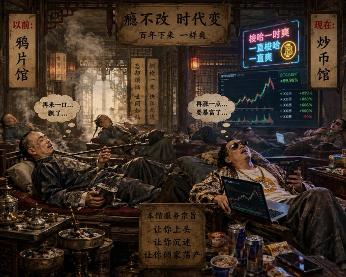 An AI-generated satirical artwork depicting a traditional Chinese opium den recreated as a cryptocurrency trading room, with characters smoking pipes while looking at Bitcoin price charts.