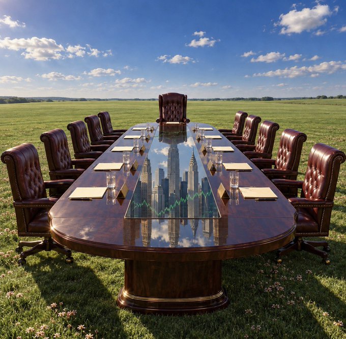 A surreal AI-generated image of an ornate wooden conference table with leather chairs set up in an open grassy field, with a cityscape skyline reflected on the tabletop surface.