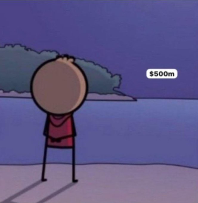 A cartoon character with a coin for a head stands on a beach at night, with a speech bubble showing '$500m' in the distance.