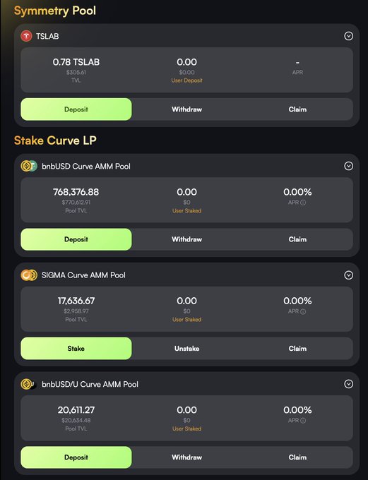 A dark-themed cryptocurrency DeFi dashboard showing a 'Symmetry Pool' with TSLAB and 'Stake Curve LP' sections, including bnbUSD, SIGMA, and bnbUSD/U Curve AMM Pools with deposit, withdraw, and claim buttons.
