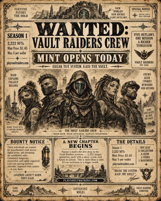 A vintage-style "Wanted" poster advertises the Vault Raiders Crew NFT collection's Season 1 mint, opening today at playvaultraiders.com, featuring 2,222 NFTs priced at $1.45 with a maximum of 5 per wallet, and showcasing illustrated crew members beneath the headline "Break the System, Raid the Vault."