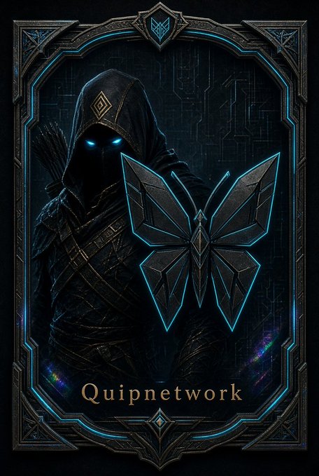 A dark fantasy illustration of a hooded archer with glowing blue eyes next to the 'QUIP' logo, with the text 'Quipnetwork' at the bottom.