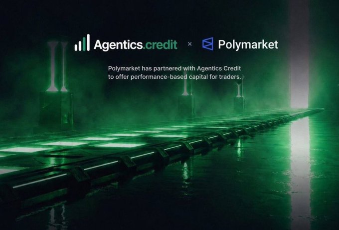 A promotional graphic announcing a partnership between Agentics.credit and Polymarket, with text stating 'Polymarket has partnered with Agentics Credit to offer performance-based capital for traders,' set against a green-lit industrial background.