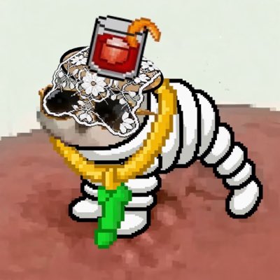 A pixel art illustration of a strange creature with a glass jar of red liquid on its head, wearing a gold chain with a green pendant, sitting on a brown surface.