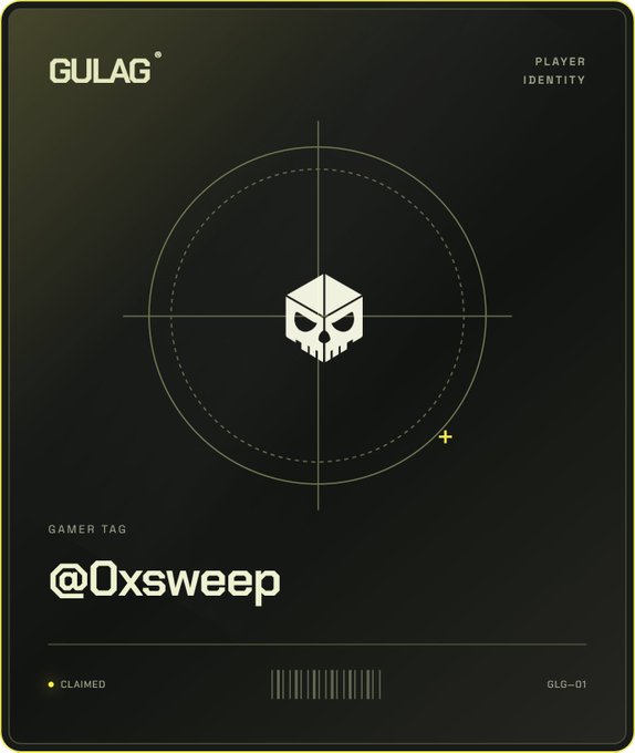 A dark-themed gamer ID card from GULAG featuring a skull logo, with the gamer tag '@0xsweep' displayed and marked as 'CLAIMED' (GLG-01).