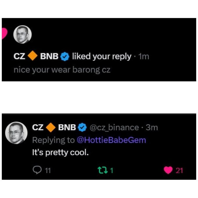 The image shows two Twitter notifications: one where CZ 🔶 BNB liked a reply saying "nice your wear barong cz," and another where CZ replied to @HottieBabeGem with "It's pretty cool," both received 1 minute and 3 minutes ago respectively. This relates to the accompanying post expressing gratitude for being noticed by CZ, highlighting the moment of recognition from the Binance founder.