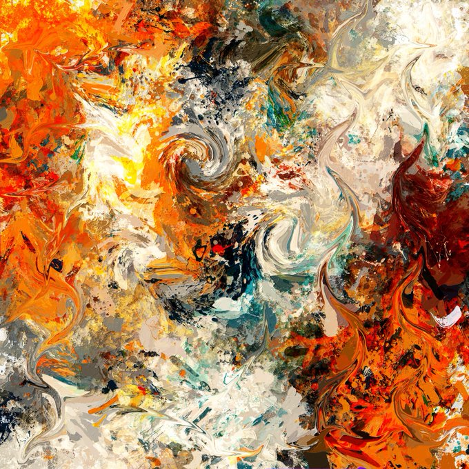 An abstract painting with swirling patterns in vibrant orange, white, gray, and brown tones.