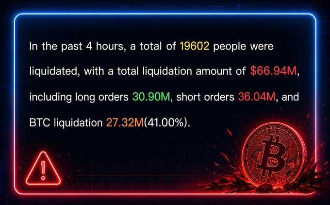 A graphic stating that 19,602 people were liquidated in the past 4 hours for a total of $66.94M, including long orders 30.90M, short orders 36.04M, and BTC liquidation 27.32M (41.00%), accompanied by a Bitcoin graphic.