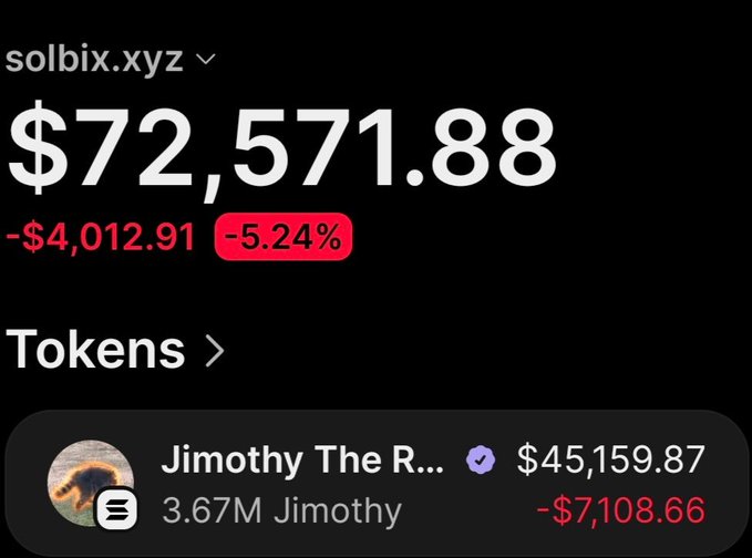 The image shows a portfolio tracker from solbix.xyz displaying a total balance of $72,571.88 (down $4,012.91 or -5.24%), with the "Jimothy The R..." token accounting for $45,159.87 of the holdings, representing 3.67M Jimothy tokens currently down $7,108.66. This visually supports the post's claim of turning $77 into over $71,000 profit on the $Jimothy token, illustrating the substantial gains from the initial investment.