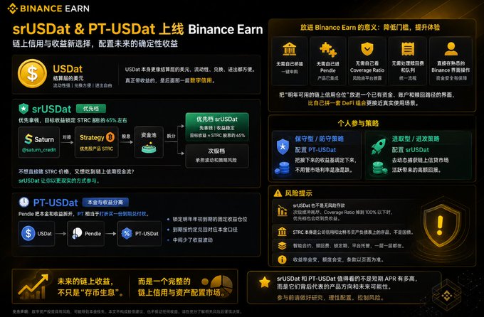 An infographic in Chinese explaining Binance Earn's srUSDat and PT-USDat staking products, featuring logos for USDat, STC, and Pendle, along with various risk warnings and strategy options.