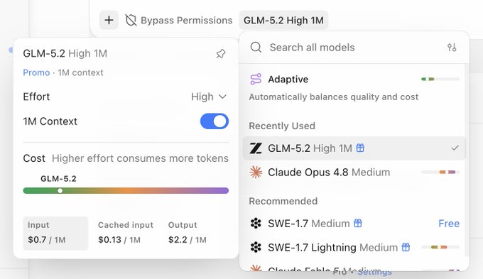 A Devin Desktop model-selection panel shows the “GLM-5.2 High 1M” model marked as free under Recommended, with pricing listed as $0.7/1M input, $0.13/1M cached input, and $2.2/1M output. The screenshot supports the post’s surprise that GLM 5.2—rated as a strong model—is currently free to use.