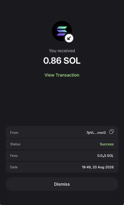 A Solana transaction confirmation showing receipt of **0.86 SOL** from address "7pVL...nvcG", marked as **Success** with a fee of 0.0005 SOL on 20 Aug 2026, illustrating the post's promise of ongoing SOL payouts to task completers.