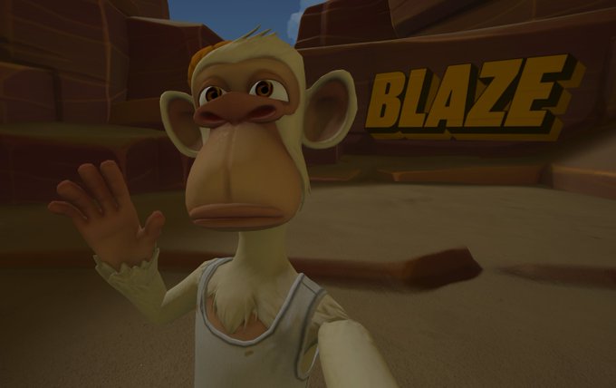 A 3D animated monkey character wearing a tank top waves at the camera with a confused expression, standing in a desert canyon with the word "BLAZE" displayed on a rock formation behind him.