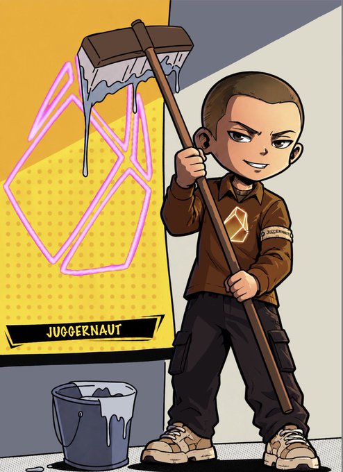 A cartoon-style character labeled 'JUGGERNAUT' on his armband holds a dripping paint roller and bucket, with 'JUGGERNAUT' text displayed on a yellow panel behind him.