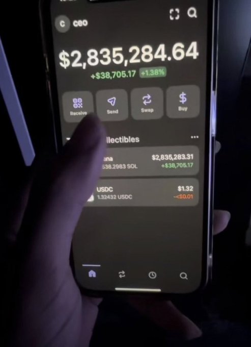 A hand holds a smartphone displaying a crypto wallet showing a balance of $2,835,284.64, with 338.2083 SOL (+$38,705.17) and 1.32432 USDC, reinforcing the post's claim about showcasing $SOL wallets.
