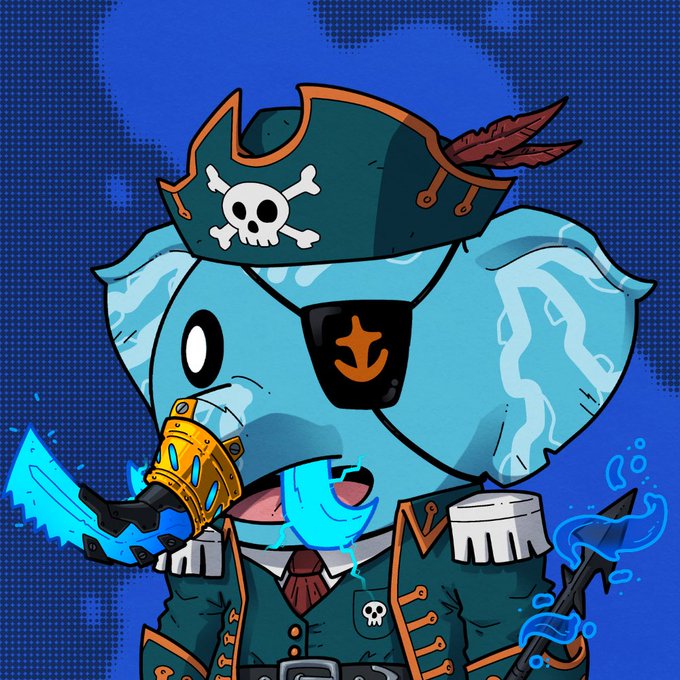 A cartoon illustration of a light blue elephant dressed as a pirate, wearing a skull-and-crossbones hat with a feather, an eye patch with an anchor, and wielding a glowing blue sword.