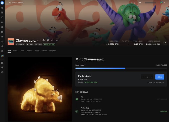A screenshot of OpenSea's Claynosaurz NFT minting page shows the "Mint Claynosaurz" collection at 6,444/10,000 minted during the public stage at 0.001 ETH, with a floor price of 0.0001 ETH—a stark contrast to the inflated minting figures being criticized for inflated supply during the minting stage.