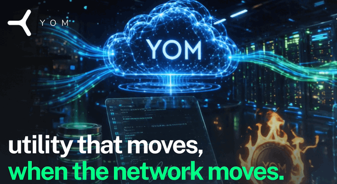 Promotional graphic for YOM cryptocurrency featuring a glowing blue cloud with the text 'YOM' and the tagline 'utility that moves, when the network moves.' against a server room background.