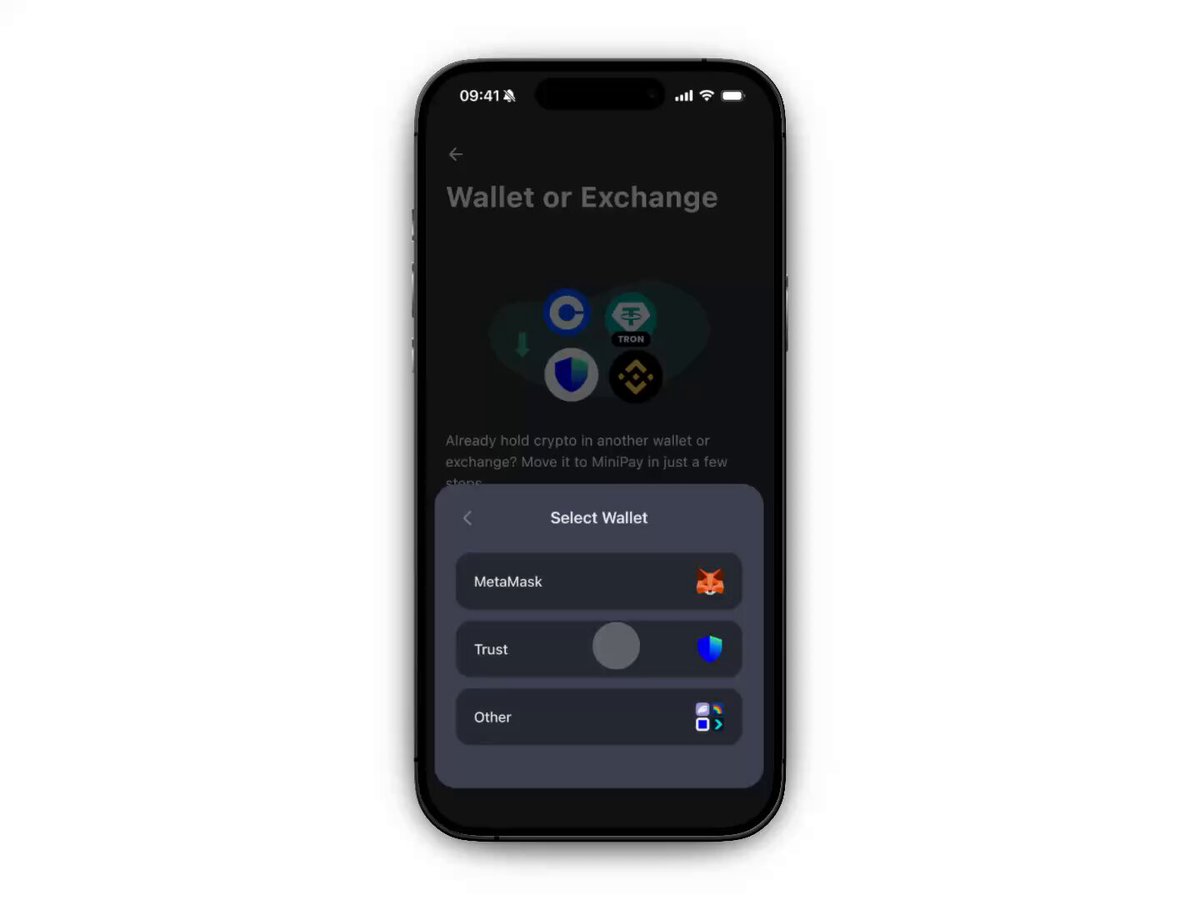 The image shows a smartphone screen displaying an app called "Wallet or Exchange" along with various icons representing different types of wallets, such as Bitcoin, Litecoin, and Ripple. The phone's interface allows users to select which wallet they would like to use for transactions. The post suggests that the user can choose from multiple wallet options available on Tron, including Bitcoin, Litecoin, and Ripple, without having to build their own app. This implies that the focus of the post is on promoting these wallet options and encouraging users to utilize them directly through the Tron platform.