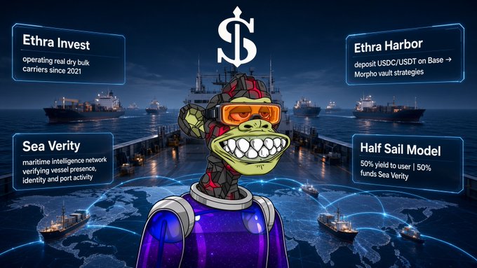 The image shows a robotic turtle character with a gridded/grinning mouth, surrounded by four infographic panels: "Ethra Invest" (operating real dry bulk carriers since 2021), "Ethra Harbor" (deposit USDC/USDT on Base → Morpho vault strategies), "Sea Verity" (maritime intelligence network verifying vessel presence, identity and port activity), and "Half Sail Model" (50% yield to user | 50% funds Sea Verity). It illustrates the post's message about deposits to Harbor splitting yield between the depositor and Sea Verity, with the nautical/maritime setting reinforcing the shipping intelligence theme.