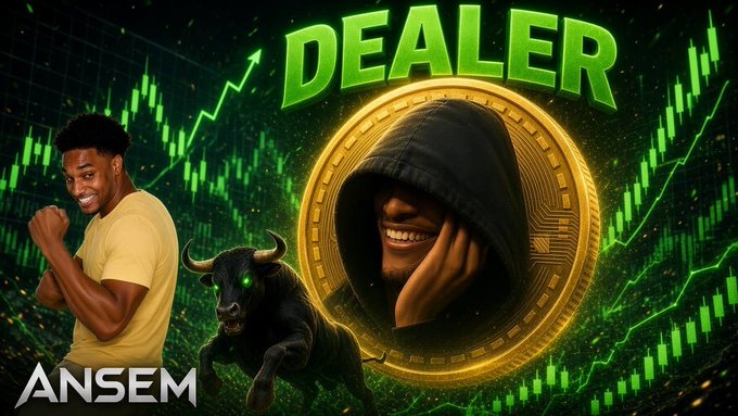 A vibrant promotional graphic featuring 'DEALER' in green text, a golden Bitcoin medallion, a bull with green eyes, a person in a hoodie, and the 'ANSEM' logo, all set against a green candlestick chart background.