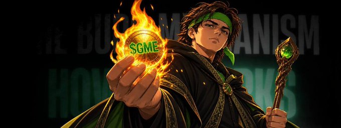 A stylized wizard-like figure with a green headband conjures flames around a glowing coin labeled "$GME," while holding an ornate staff with a green gem. Behind him, faded text reading "BURN MECHANISM" and "HON[OR]" reinforces the post's theme of GameStop shareholders burning their $GME stock rewards to permanently remove them from circulation.