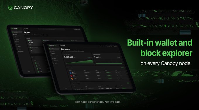 A promotional image for 'CANOPY' displays two tablet screens showing an 'Explorer' and 'Dashboard' interface. The text highlights a 'Built-in wallet and block explorer on every Canopy node,' with a disclaimer stating 'Test node screenshots. Not live data.'