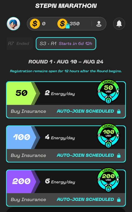 A screenshot of the STEPN Marathon interface showing locked insurance tiers at $50, $100, and $200 USD for energy/day bonuses, with the current Round 1 (Aug 10 - Aug 24) ended and Round 2 starting in 6d 42h.