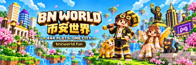 A colorful Minecraft-style promotional banner for "BN World" featuring the tagline "444 PLOTS. ONE CITY." and the website "bncworld.fun".